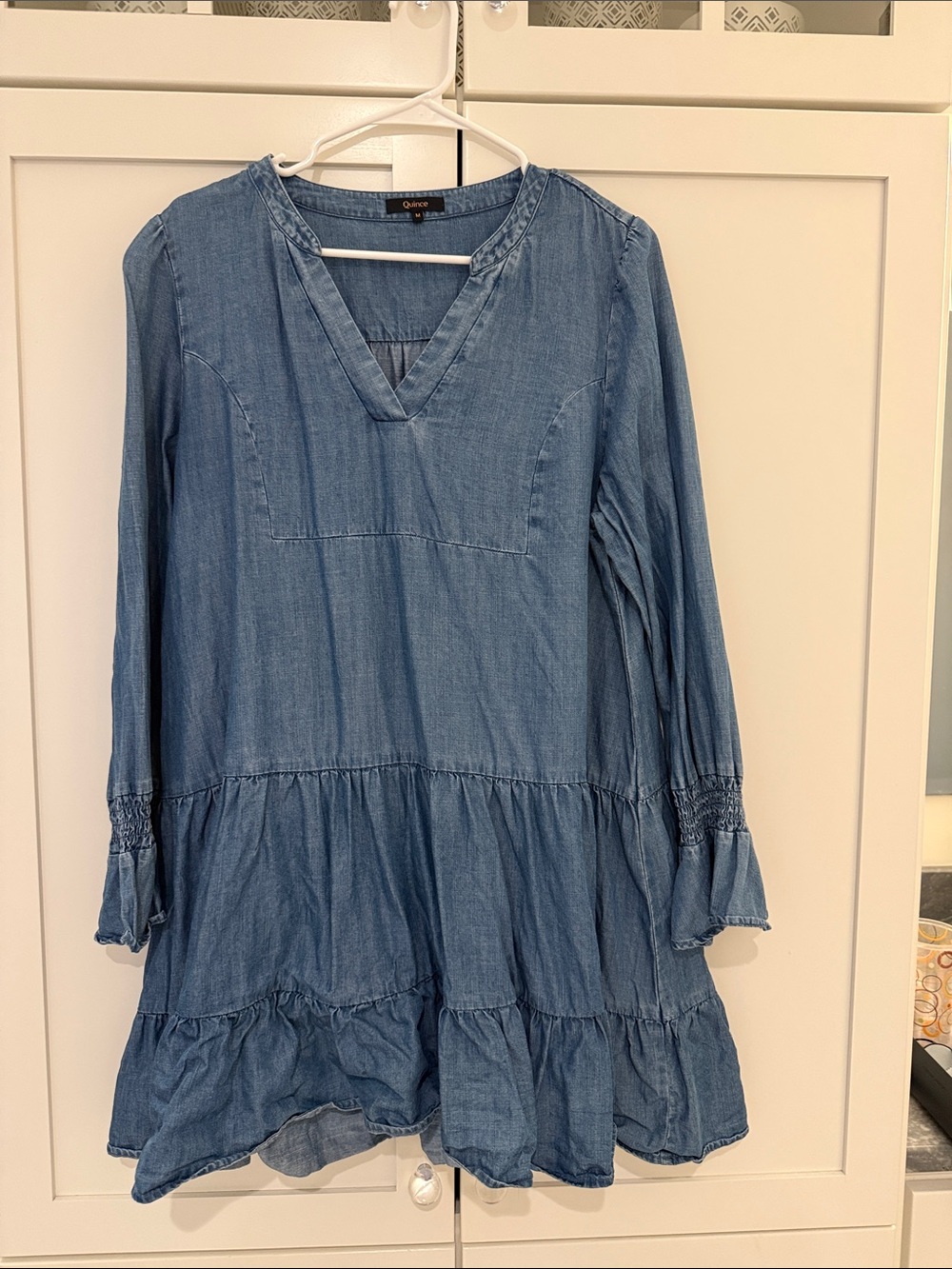 Quince Denim Chambray Tiered Long-Sleeve Dress in Blue